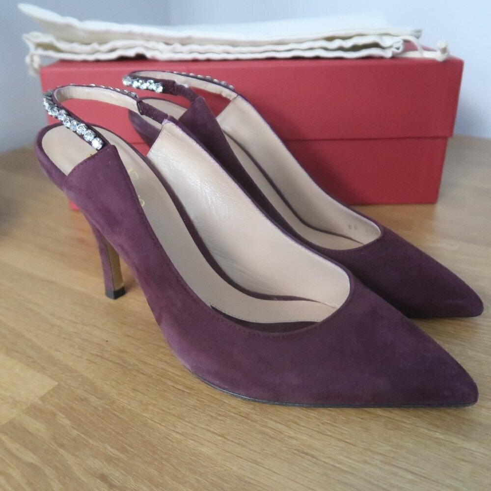 Valentino Garavani Plum Suede Crystal-Embellished Slingback Pumps